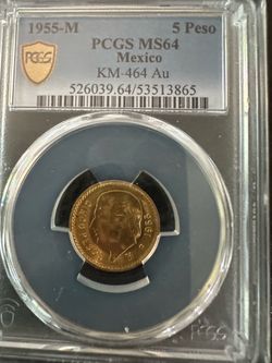 1955 5 Pesos Gold Coin México MS64
