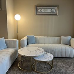 2 Modern White Channel-Tufted Velvet Sofa with Gold Legs