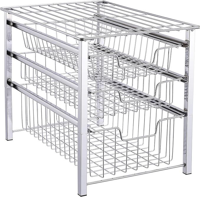 Stackable Under Sink Organizer 3 Tier Sliding Basket Cabinet, Chrome