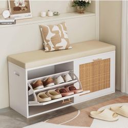 Rattan Entryway Bench with Seat Cushion Shoe Cabinets, Storage Shoe Rack Bench with Adjustable Shelves, Wooden Shoe Bench for Entryway, Living Room, H