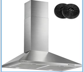 Range Hood 30 inch, 450 CFM Wall Mount Kitchen Hood in Stainless Steel with LED Lighting, 3 Speed Exhaust Fan, Ducted/Ductless Convertible (Charcoal F