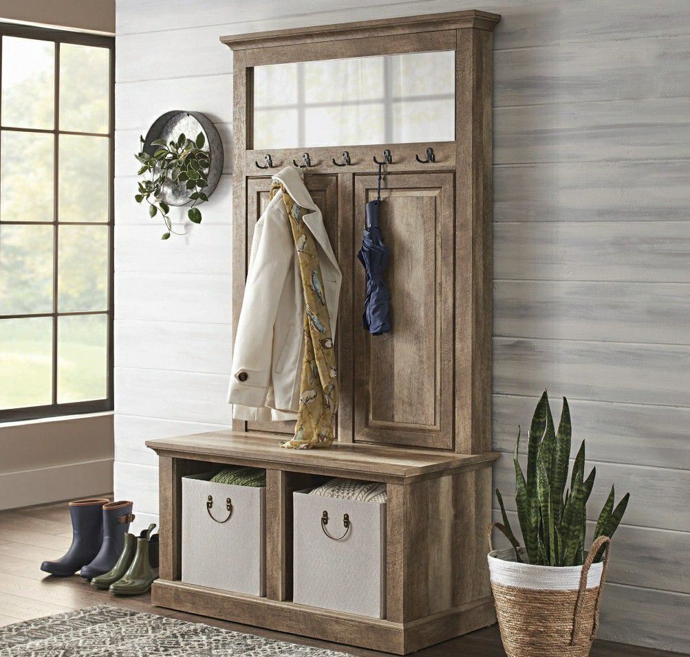 Hall Tree Storage Bench with Hangers and Open Storage