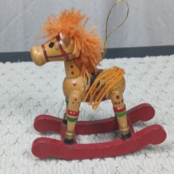 Vtg Hand Painted Wood Rocking Horse Christmas Holiday Figurine Ornament Hanging 