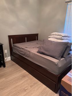 Full size wood bed frame with storage drawers