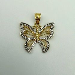 Jewelry 14k solid yellow & white gold two tone butterfly pendant charm