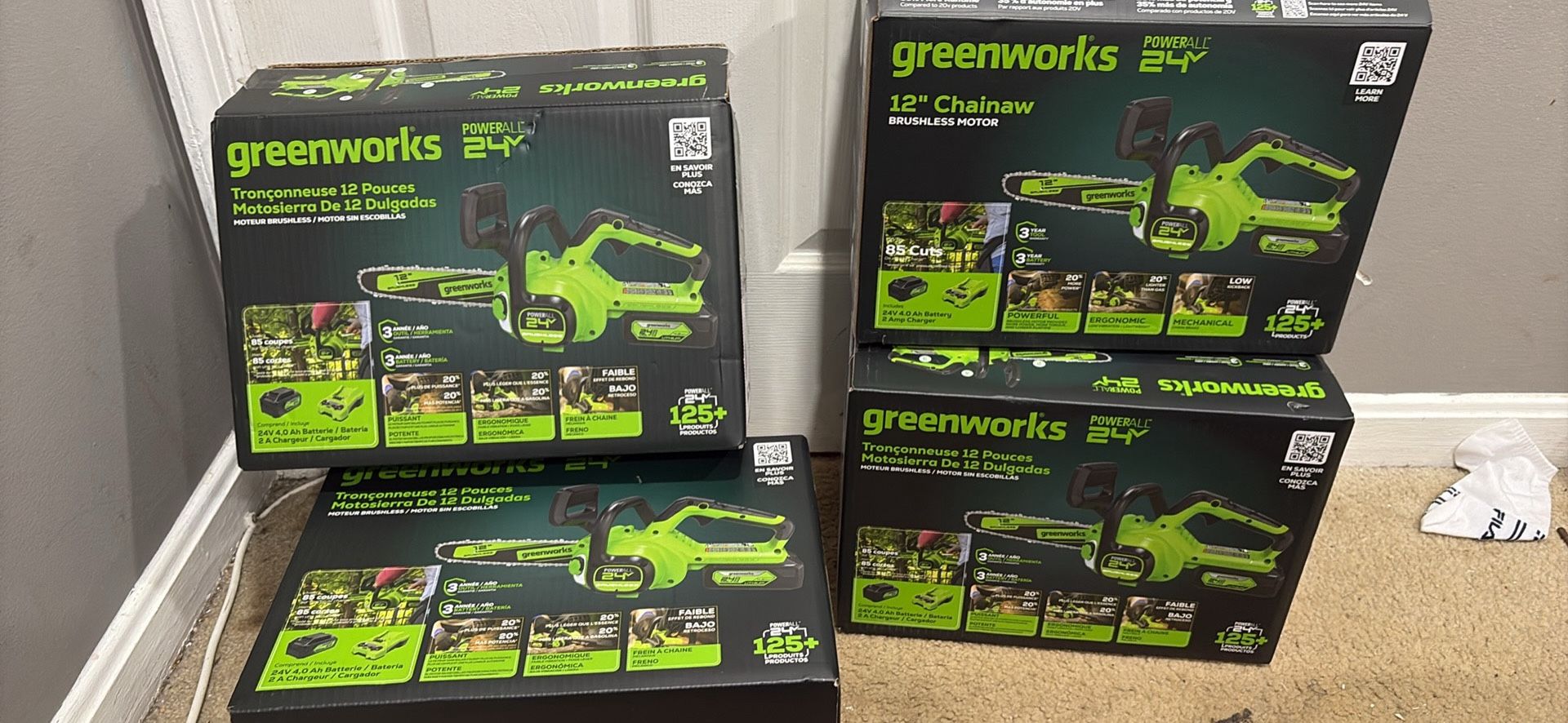 Greenworks 24V 12-inch Brushless Chainsaw kit, which includes a 4.0 Ah battery and a 2 Amp charge