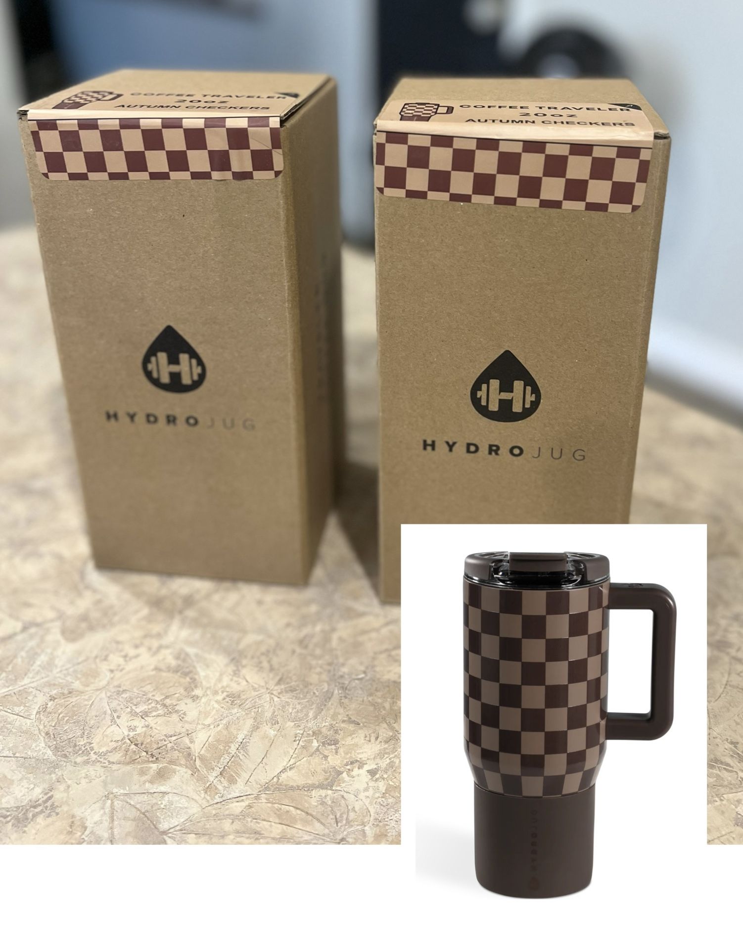 New HydroJug Autumn Checkers Coffee Traveler
