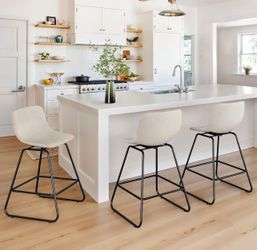 Set of 3, 25in Linen Fabric Counter Height Bar stools, Mid Century Modern Bar Stools with Metal Legs & Footrest, for Kitchen Island, Linen Colo