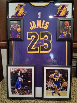LEBRON JAMES WITH THE LA LAKERS,CUSTOM STITCHED, BRANDED,AUTHENTIC FRAMED JERSEY.