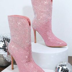 Forever Pink Ombre Rhinestone Slip On Stiletto High Heel Split Front Ankle Boot