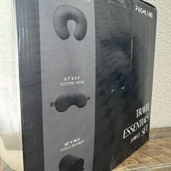 BRAND NEW 3 Piece Travel Essential Set Includes Neck Pillow, Sleeping Mask, Fleece Blanket- Black