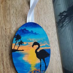 Handpainted Tropical Coastal Shadow Flamingo Christmas Tree Ornament 