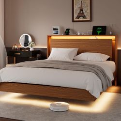 Bed Frame Queen Size with LED Lights & Charging Station – Kids Wood Floating Queen Bed Frame with Storage Headboard, Adhesive Slats, Kick-Free & Noise