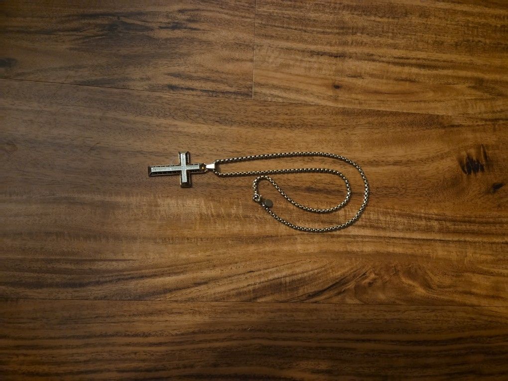 Diamond Cross 22" Pendant Necklace in Gold Tone Ion-Plated Stainless Steel & Black Carbon Fiber