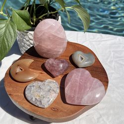 💗 Rose Quartz + Agate Crystal Bundle – Hearts, Moon & Palm Stones (Gift Ready)