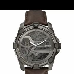 Guess Gunmetal Gray Tone Brown Leather Band Mechanical Looks Watch U0274G1