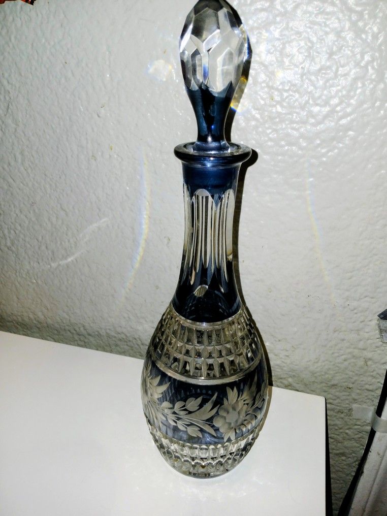 Vintage Clear Blue Diamond Floral Crystal Decanter