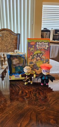 Nickelodeon Rugrats Tommy Chuckie Phil Figures & VHS Movie 4 PieceBundle / Collectible / Mattel / Cartoon / Vintage / Memorabilia / Toy / Doll