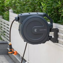 Giraffe Tools Retractable Garden Hose Reel 5/8 in, 82 ft with Metal Bracket and Cover