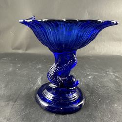 VINTAGE NORTHWOOD COBALT BLUE GLASS KOI FISH COMPOTE CANDY PEDESTAL DISH  
