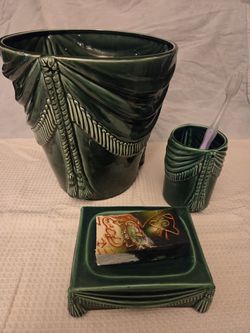 Vintage Clay Art “Tassel” Green Ceramic Bathroom Set – trash bin, toothbrush cup & soap dish