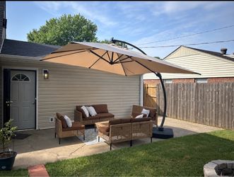 11x11ft Large Cantilever Umbrella With Base Included & Solar Powered Led Lights, Deluxe Curvy All-Aluminum Rectangular Patio Umbrella For Pool And Bac