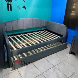 Velvet Twin Size Day Bed With Slats + Trundle - Mattress Sold Separately 