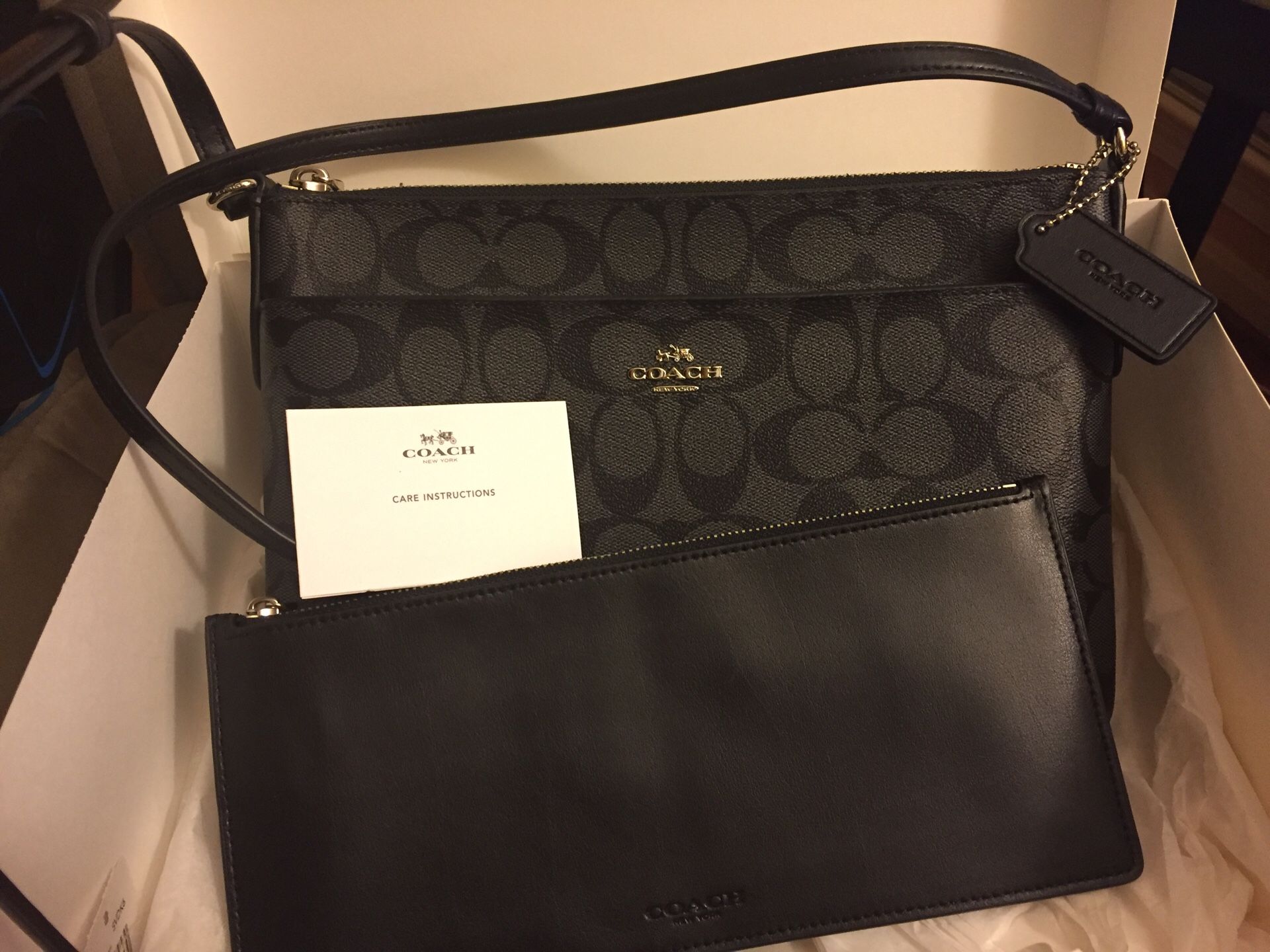 Slim black coach crossbody purse w/ removable pouch