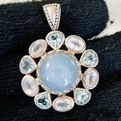 925 Sterling Silver Opalite And Aquamarine Pendant