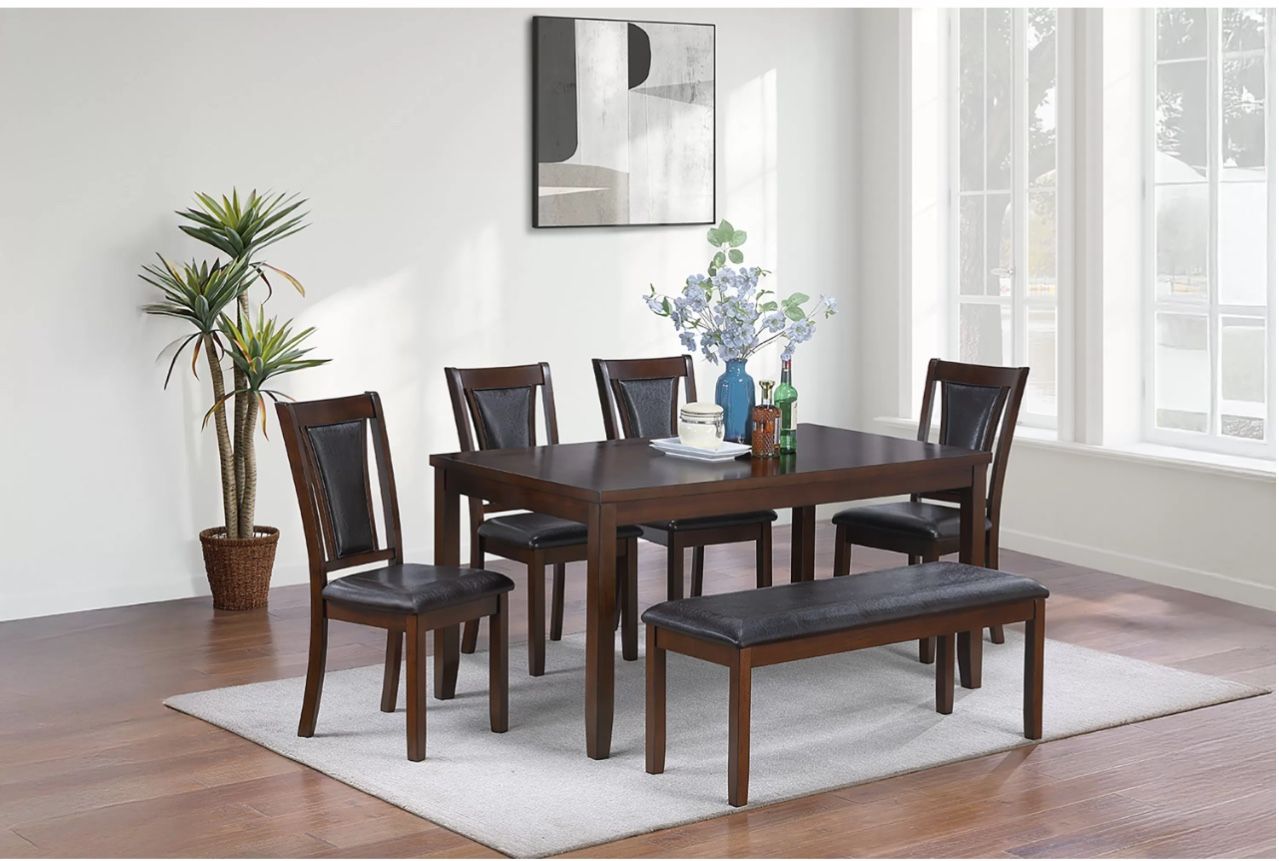 6-Pcs Dining Set Table + 4 Chairs + Bench