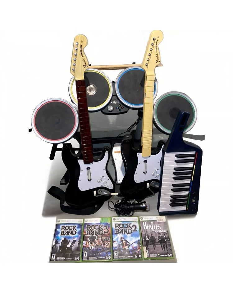 Xbox 360 Complete Rock Band With Drums, 2 Guitars, Mic, Piano Keyboard, 4 Games!