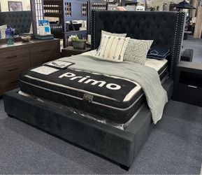 Dark gray velvet Queen bed frame