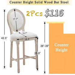 😀 2Pcs French Country Barstool, Linen Farmhouse Counter Height Chair with Round Back and Solid Wood Legs, Oval Side Chairs for Living Room, Kitchen