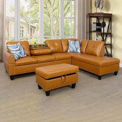 #430 abc-97" W Sectional Couch With Storage Ottoman, L Shaped Faux Leather Modular Sofa for Living Room Furniture Sets, Ginger