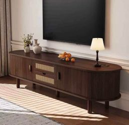 Mid Century Modern Wood Rattan TV Cabinet