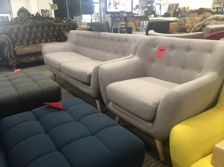 2pc mid century modern grey fabric remark sofa and chair set