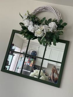 Farmhouse Window Mirror with Floral Wreath