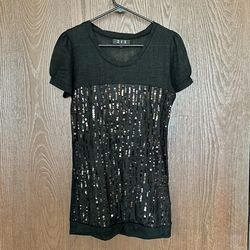 213 Industry Black Sparkly Sequin Sheer Back Vintage Short Sleeve Shirt RARE