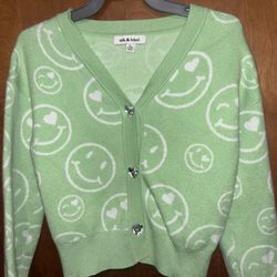 girls cardigan sweater - size 7/8 green smiley face 