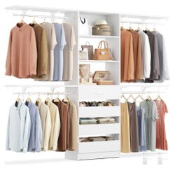 Closet System, 8FT Closet Organizer with 4 Wooden Drawers, Wood Closet Organizer System with Tower, Walk-in Closet Organizer Wardrobe Clothes Rack wit