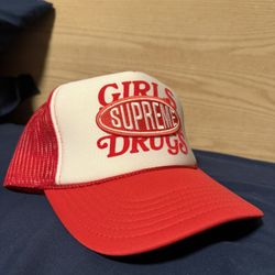 Girls Are Drugs x Supreme Collab Trucker Hat White & Red