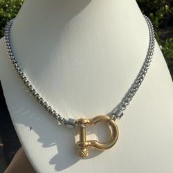 silver-colored chain and a gold-colored screw shackle or horseshoe clasp