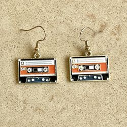 🎶 Fun gold tone retro vintage audio cassette tape charm  earrings and pendant