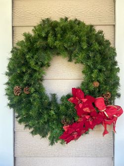 Large Holiday Christmas Wreath, Colorado Spruce, 33” with Decorative Poinsettias, Pinecones and Bow