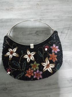 Black Beaded Floral Handbag with Shell Embellishments