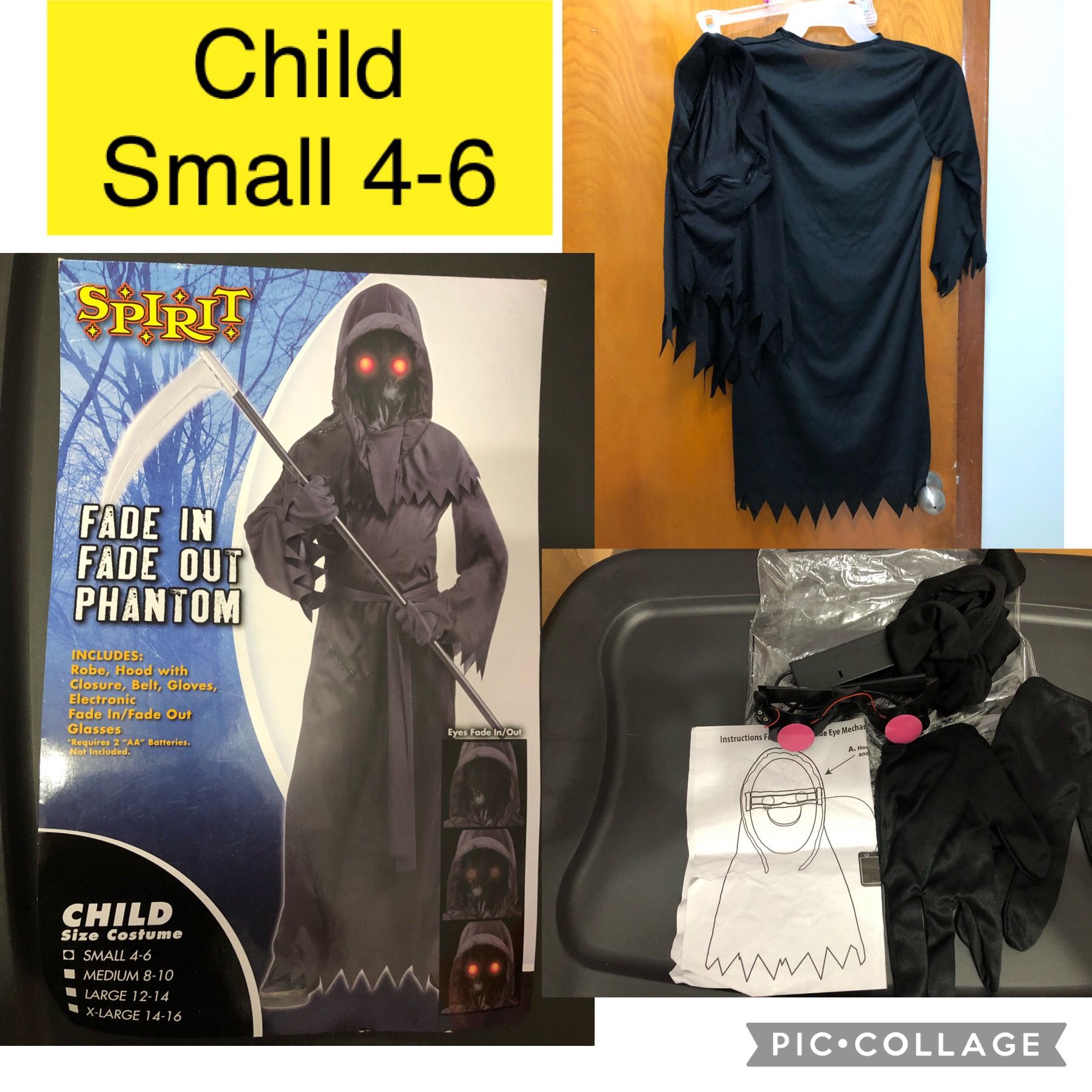 New Spirit Fade In Fade Out Phantom- Halloween costume- Size Child Small 4-6 includes Robe , Hood with Closure, , Belt,gloves,electronic fade in/fade 