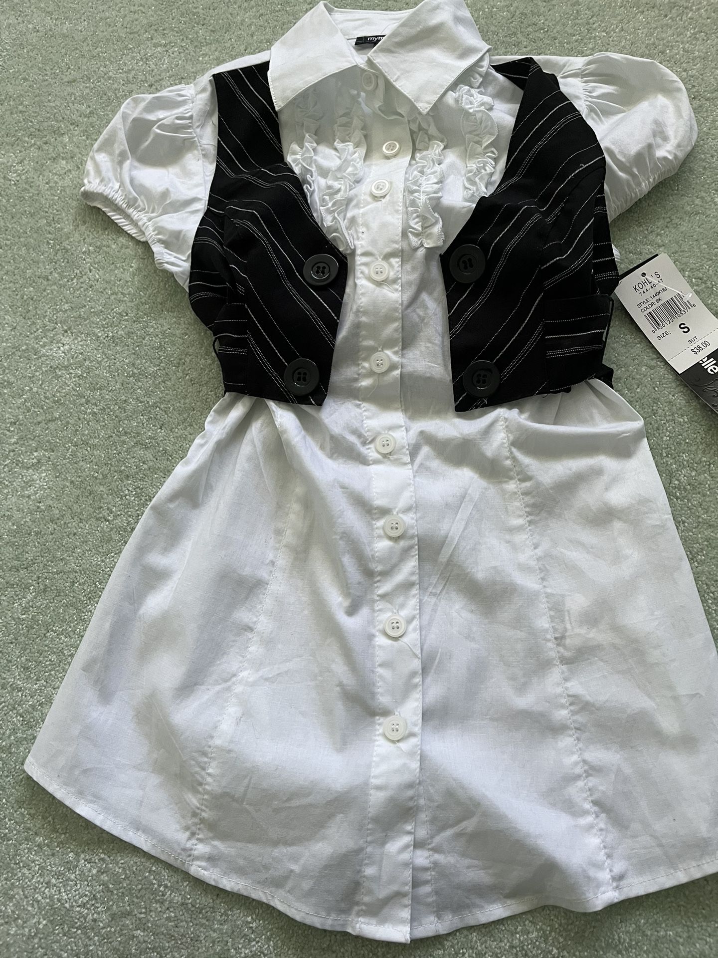 White Short Sleeve Shirt With An Attached Black Pin Striped Vest By My Michelle
