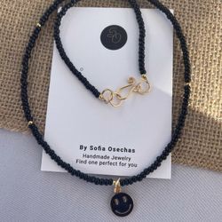 Black Happy Face Necklace, Beaded Necklace, 