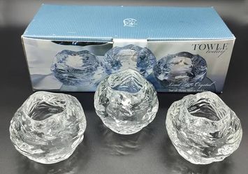 Towle Silversmiths Glacier Crystal Snowball Ice Candle/Votive Holder 3 pc in Box