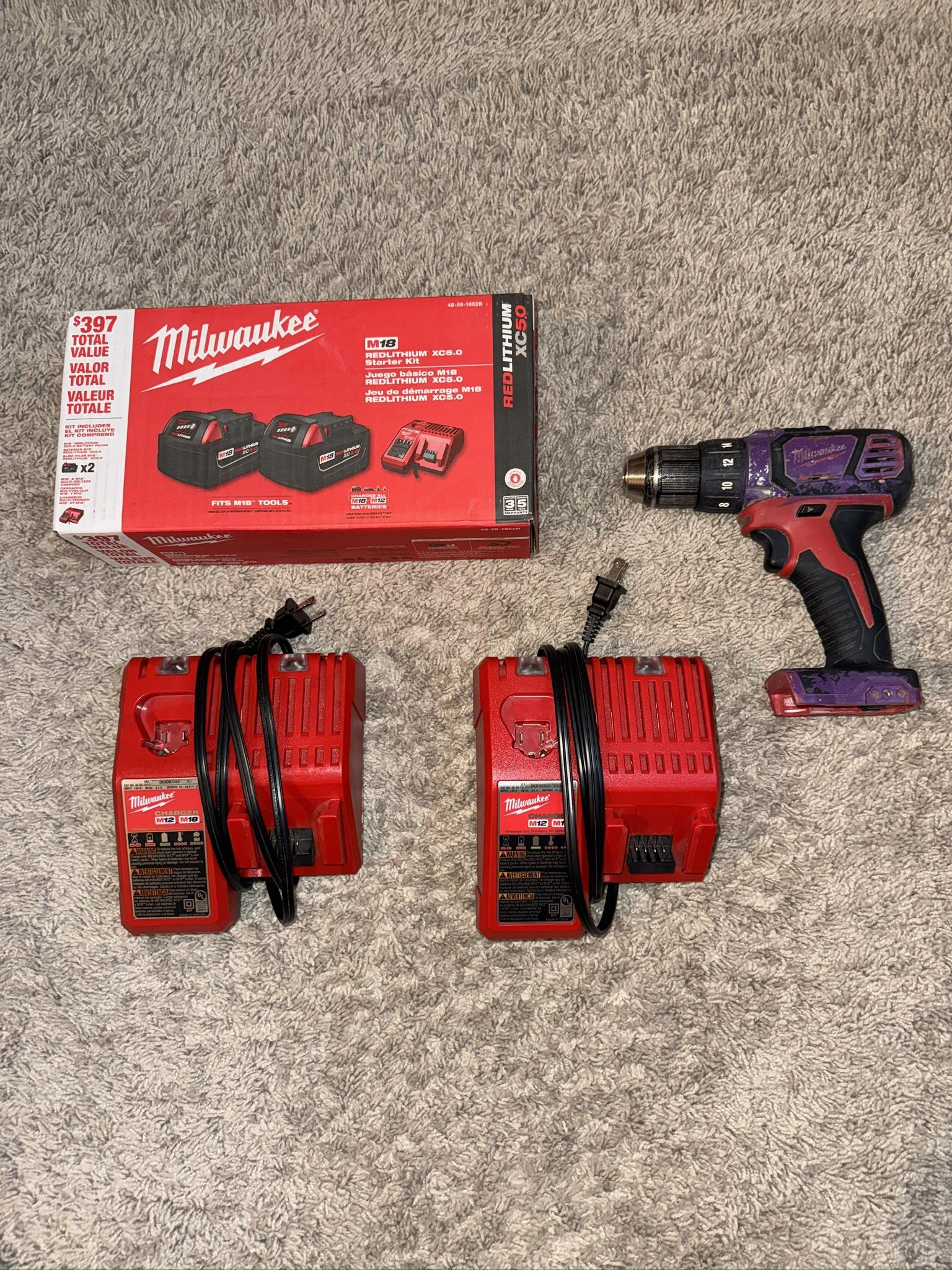 Milwaukee Power Tool Set! New bat set + Used drill + chargers